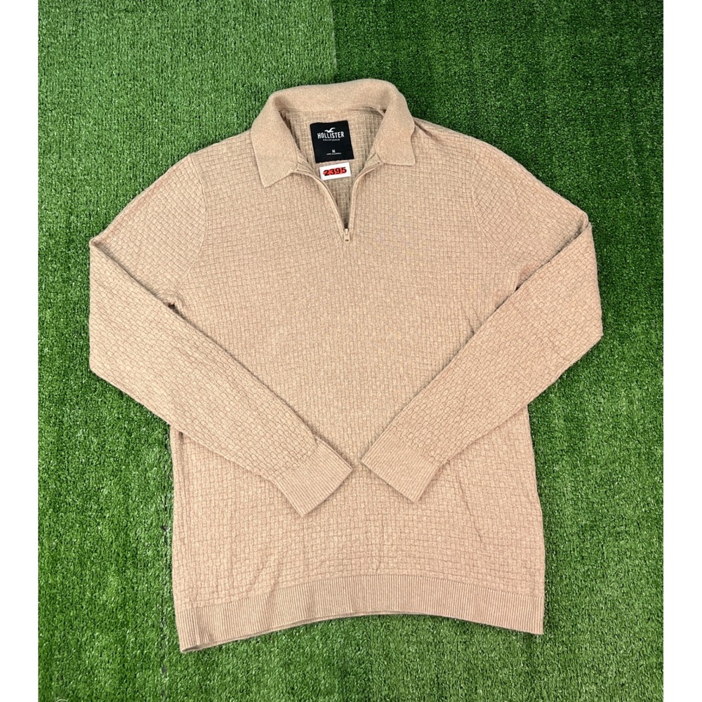 Hollister Mens Tan Beige Textured Basketweave Quarter Zip Sweater Size M